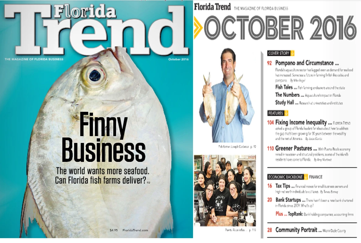 Florida Trend magazine October 2016 cover story Finny Business about Florida fish farming, with fish farmer Joseph Cardenas pictured in the table of contents