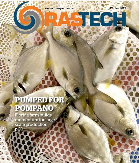 RASTECH Magazine Winter 2019 cover Pumped for Pompano showing farm-raised pompano in a net, about a Florida farm building toward large-scale production